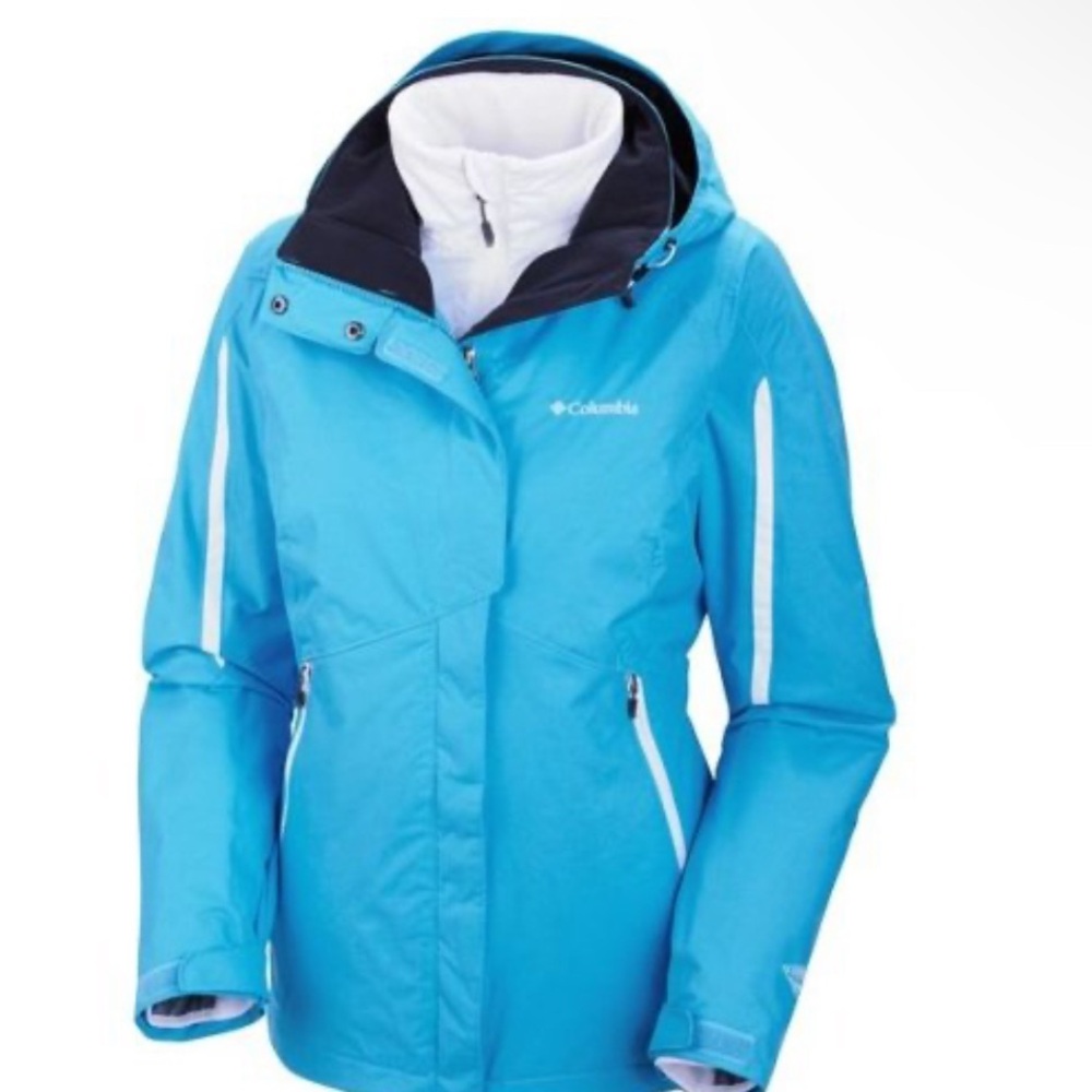 Columbia Blue Ski Jacket with Hood and Weather-Resistant Fabric